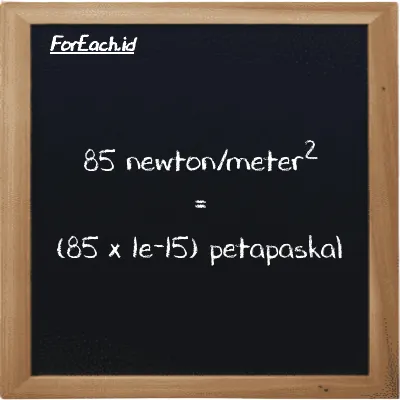 Cara konversi newton/meter<sup>2</sup> ke petapaskal (N/m<sup>2</sup> ke PPa): 85 newton/meter<sup>2</sup> (N/m<sup>2</sup>) setara dengan 85 dikalikan dengan 1e-15 petapaskal (PPa)